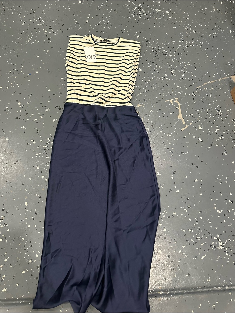 Zara Navy Satin Skirt with Cream and Black Striped Top